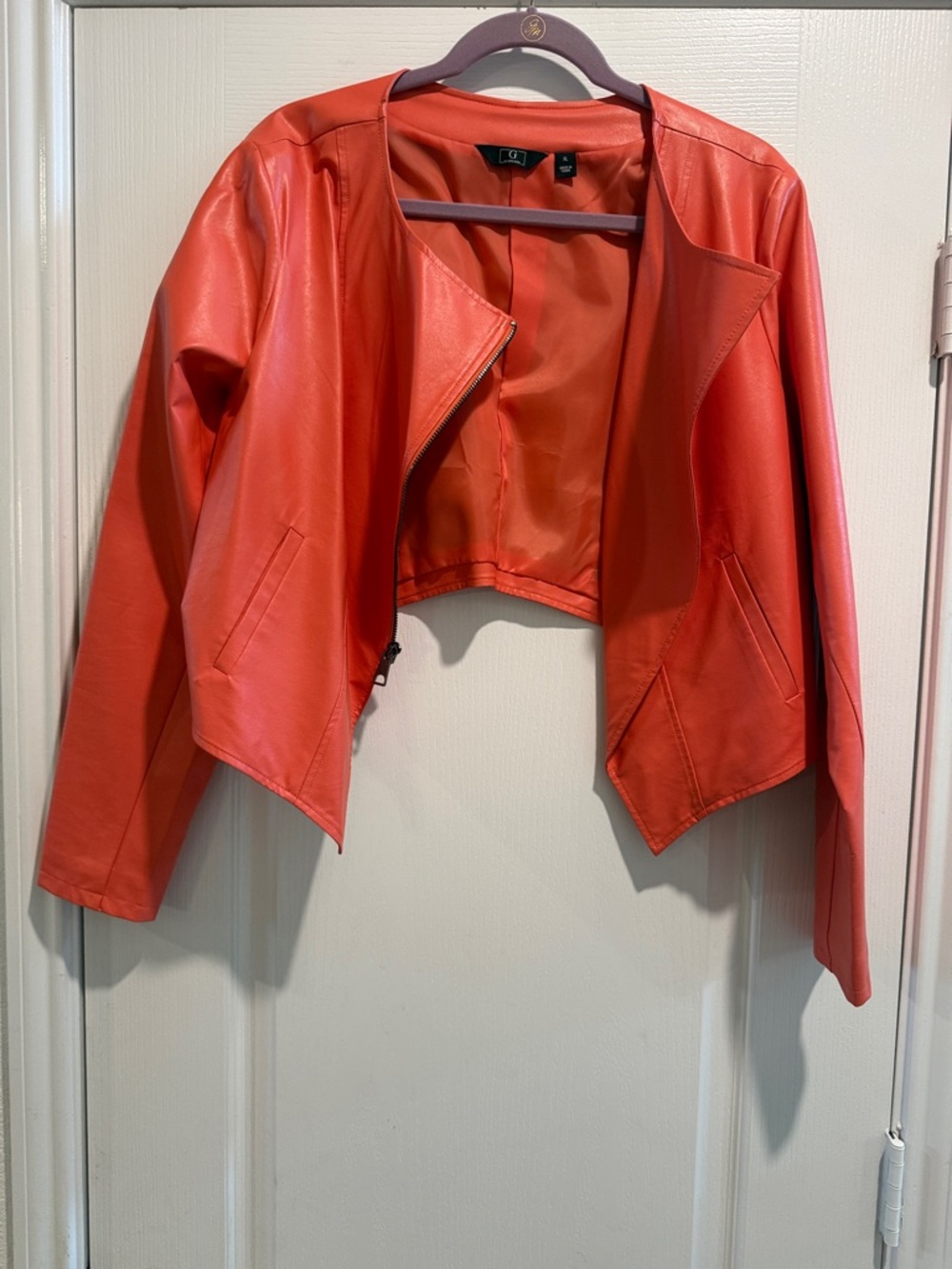 G by Giuliana Coral Orange Faux Leather Cropped Open-Front Jacket